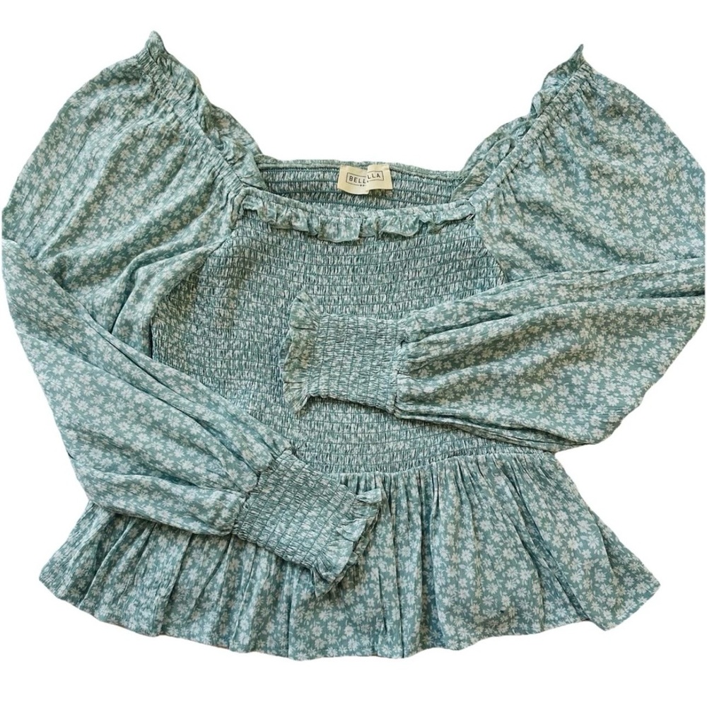 Bella Ella Sage Green Floral Smocked Peplum Crop Blouse-L-Boho Prairie Cottage